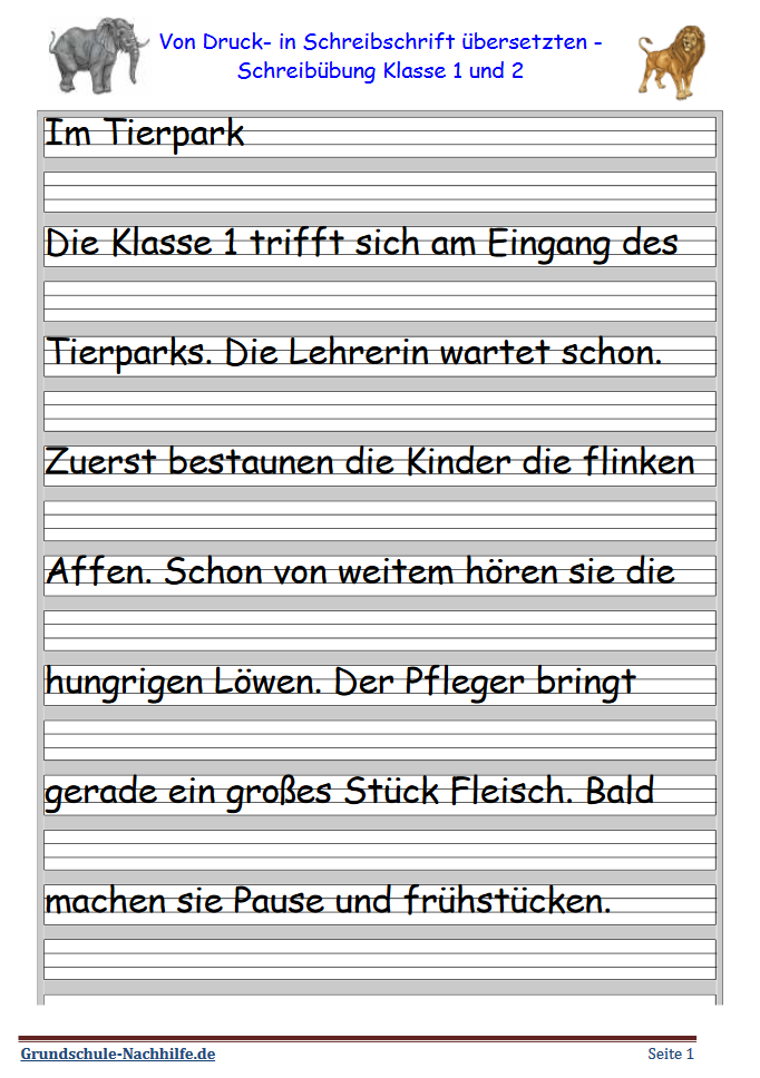 Arbeitsblatt Deutsch Druckschrift in Schreibschrift